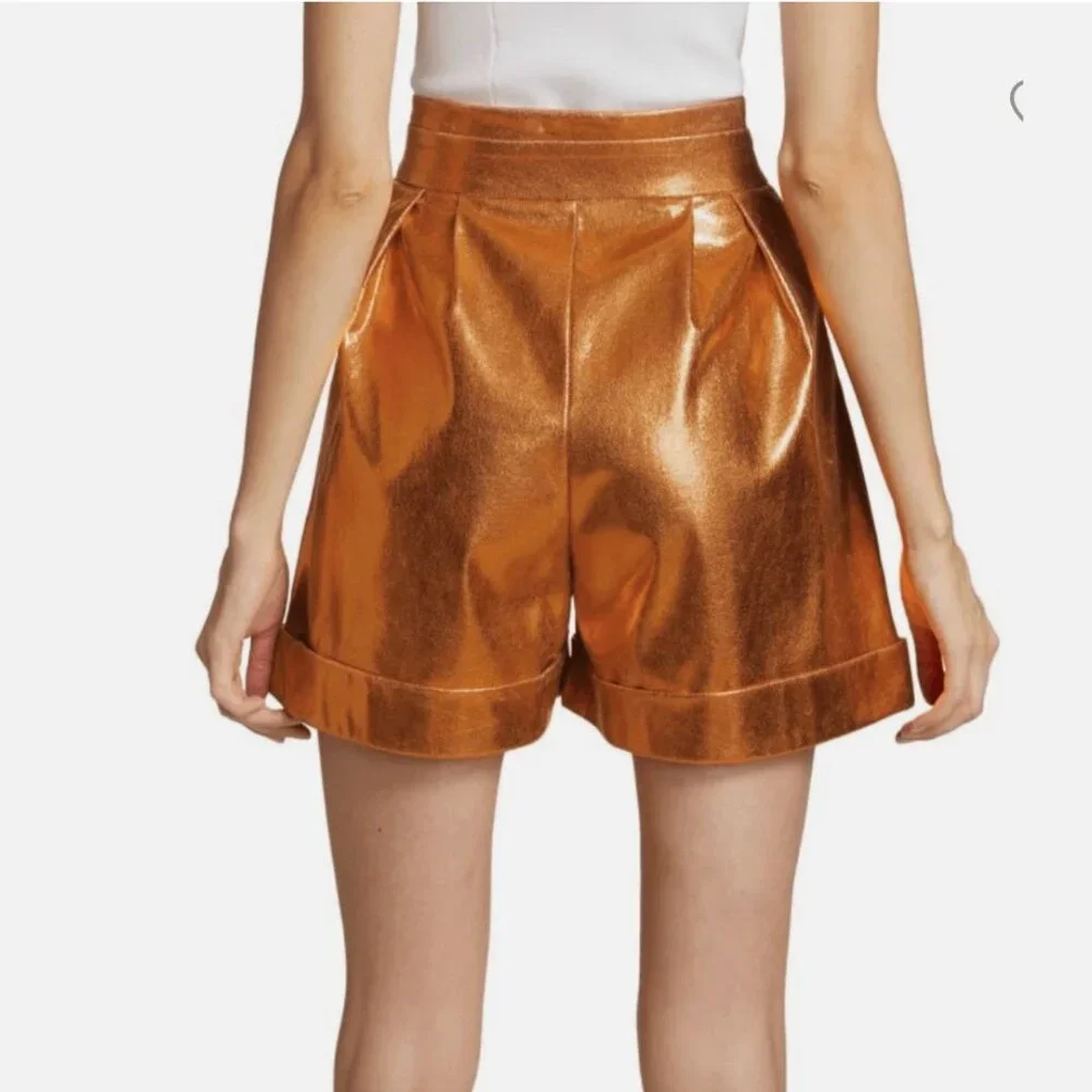 Kimberly Goldson Lizzie Metallic‎ Faux Leather Shorts Copper 0 Orange